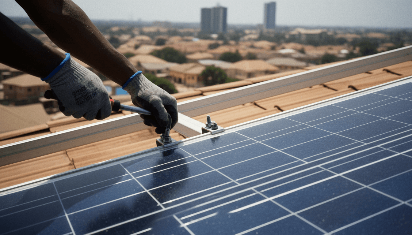 Technician installing solar panel on residential rooftop in Abuja