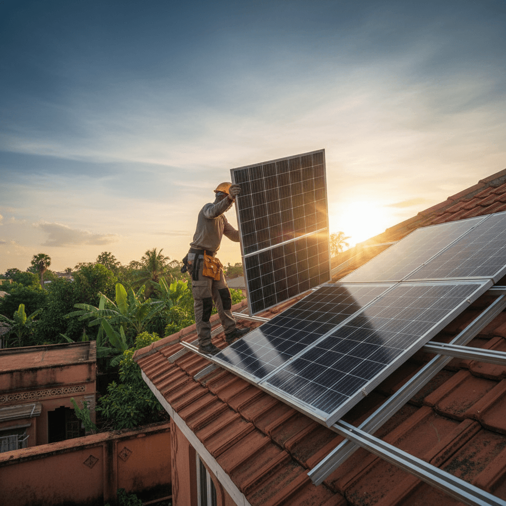 Solar panel installation on residential rooftop