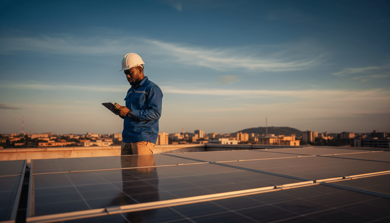 Samson Anthony standing before solar panel installation in Abuja