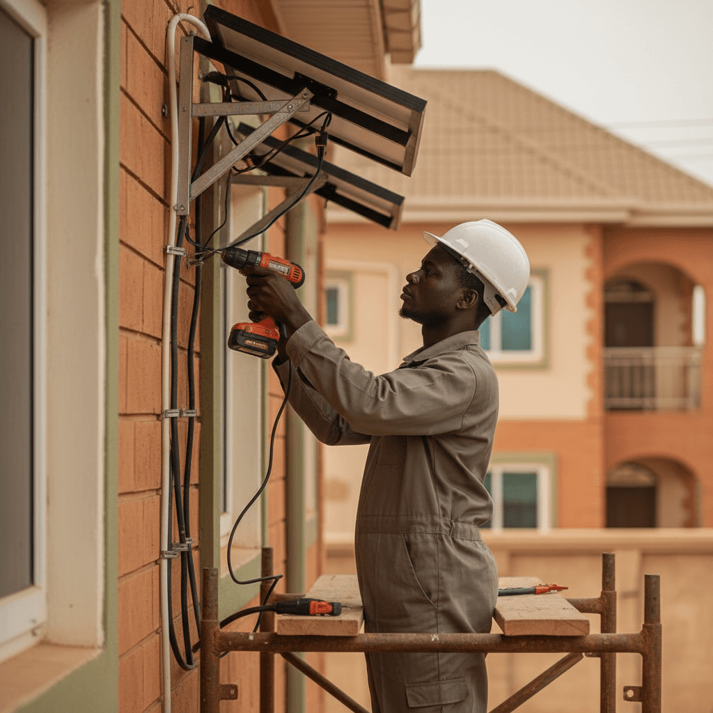 Technician installing and testing solar or CCTV equipment on a residential structure