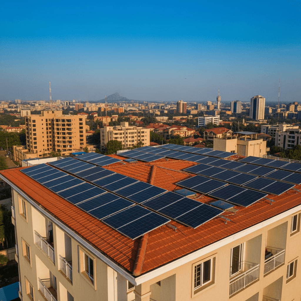 Solar panels installed on a residential rooftop in Abuja catching direct sunlight