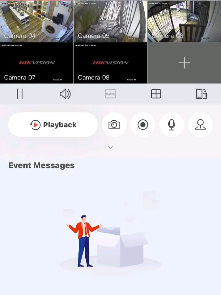 Hikvision mobile app interface displaying multiple security camera feeds, a playback button, and event messages.