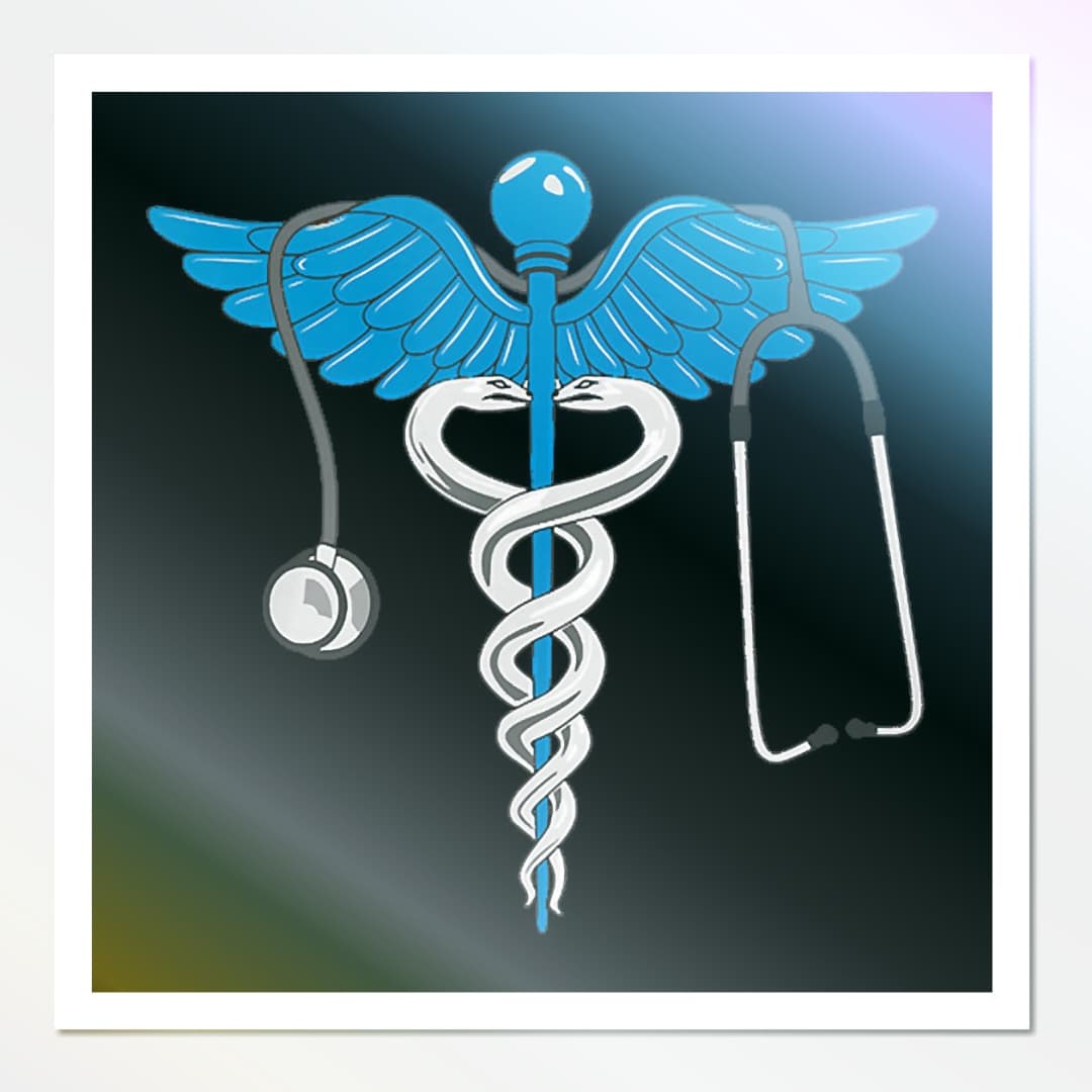 Blue caduceus symbol with white snakes and a stethoscope draped over its outstretched wings.