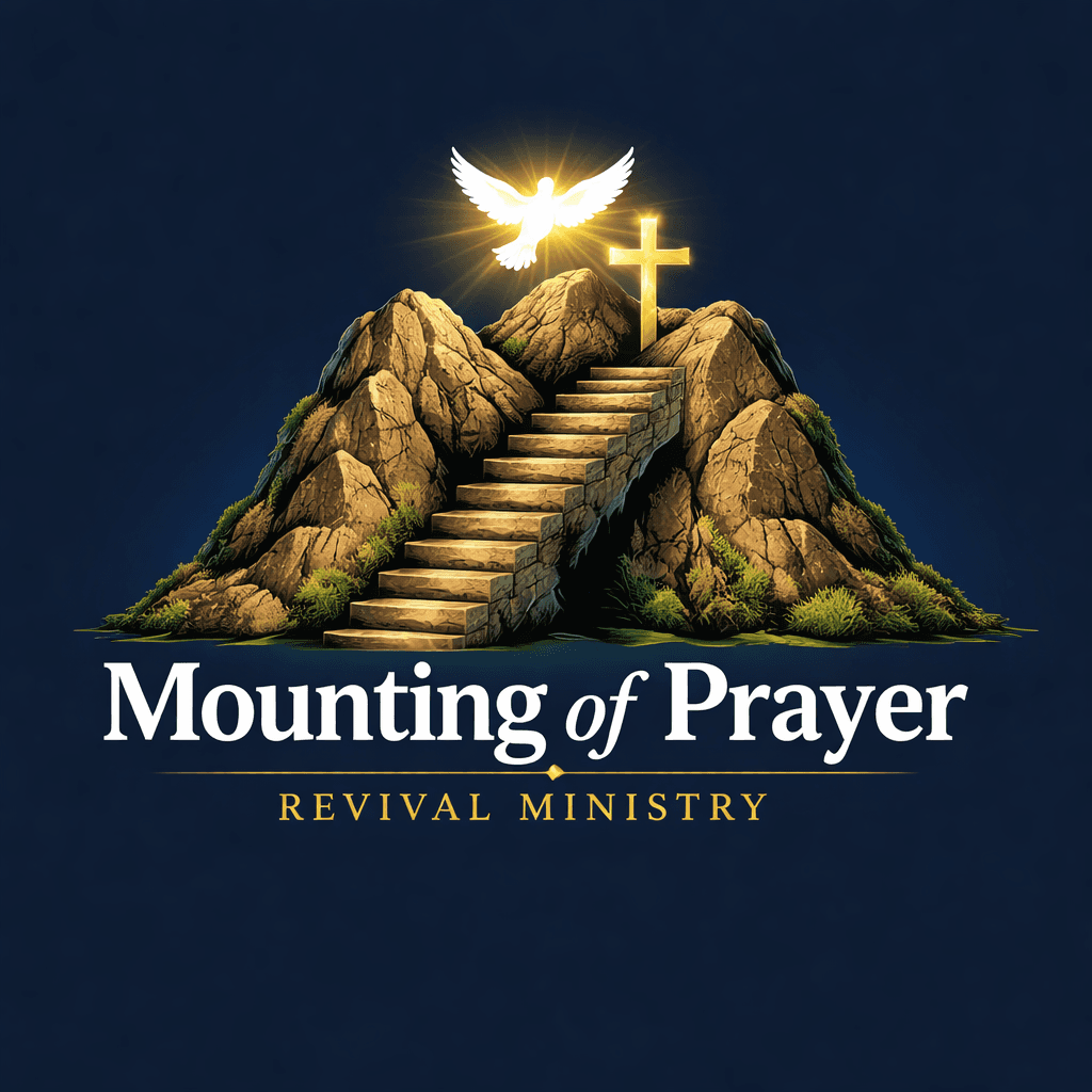 Stone stairs lead to a glowing cross and dove for Mounting of Prayer Revival Ministry.